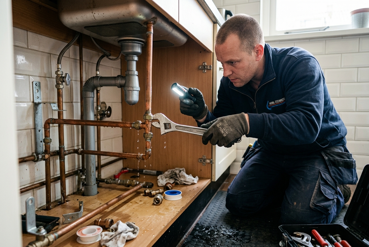 Loodgieter controleert waterleiding op lekkage met gereedschap op locatie